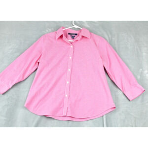 Chaps Shirt Womens Petite Large Pink Check No Iron Cotton Button Up